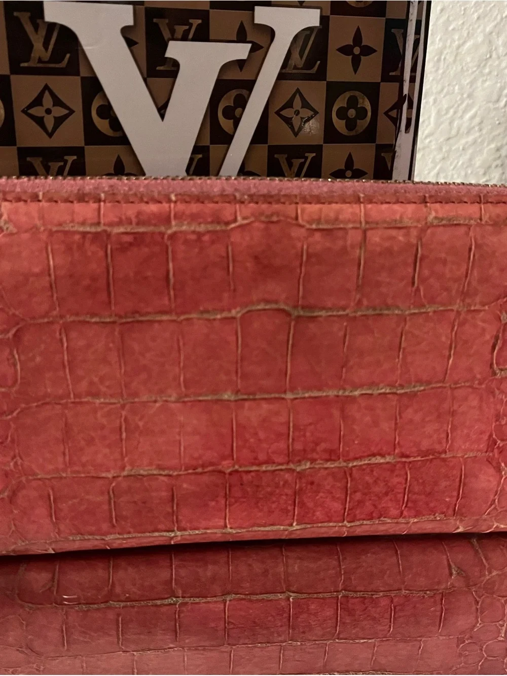 Miu Miu Croc-Embossed Pink Wristlet Wallet with Gold Logo